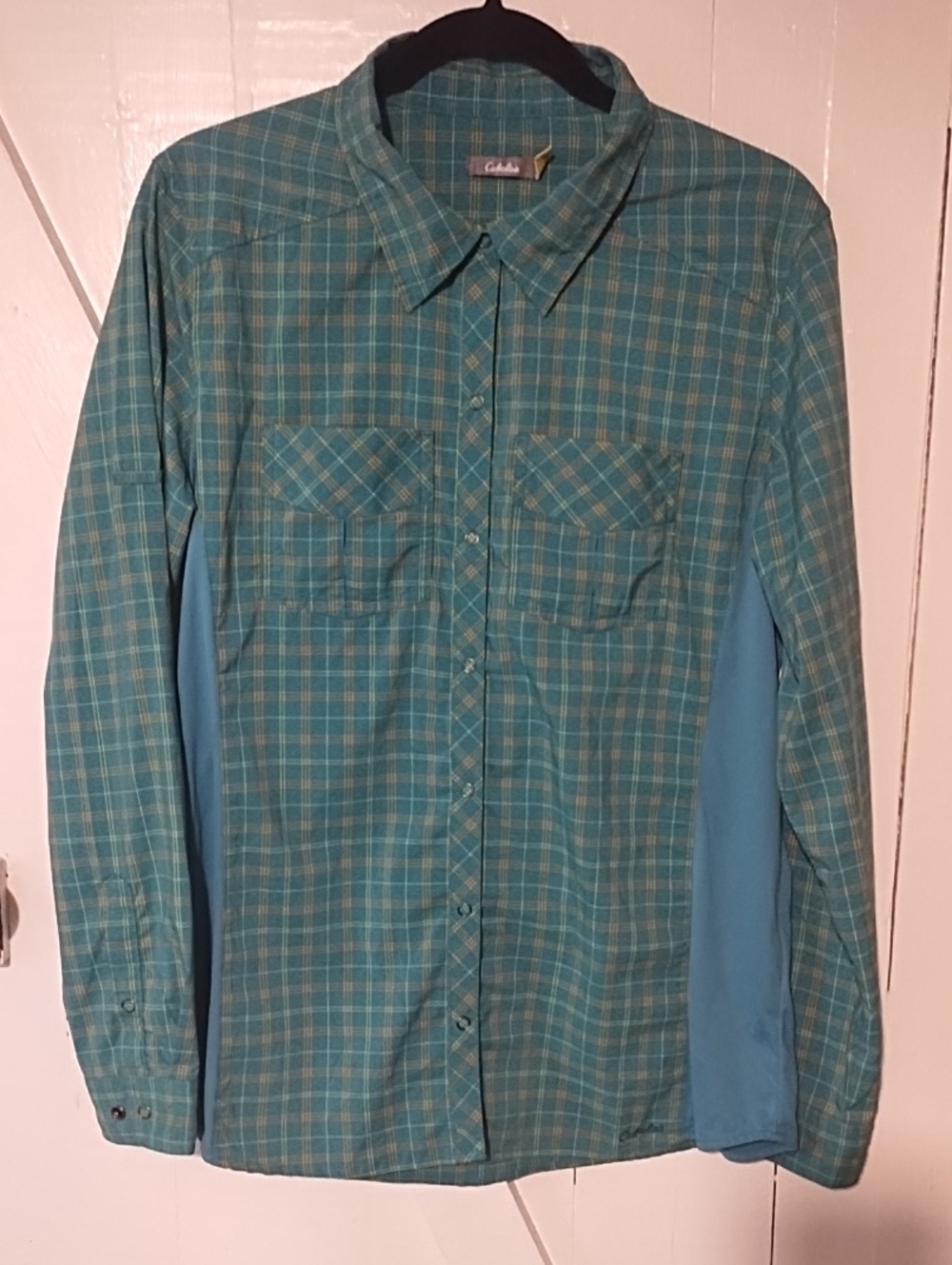 Cabela's Teal Plaid Long-Sleeve Button-Down Shirt EUC Large Snaps.